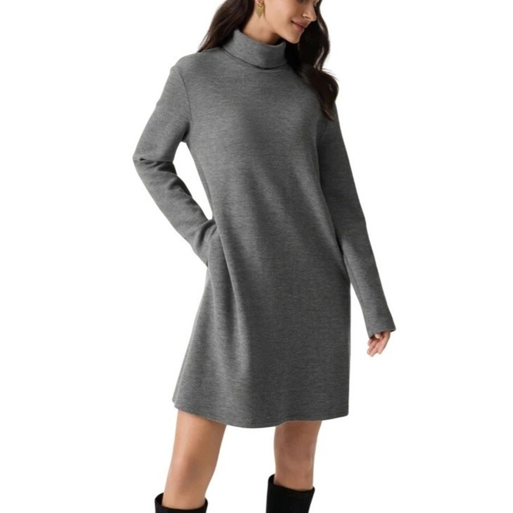 OGL FuzzLuxe Cozy Warm Turtleneck Brushed Mini Dress Heather Stone Sage XS‎